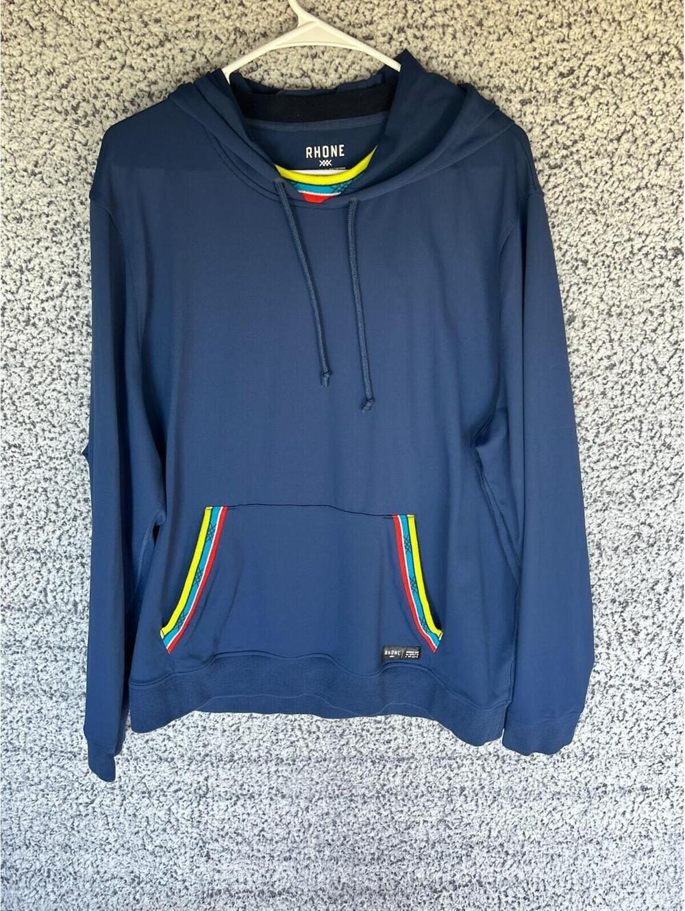 Rhone Pullover Hoodie Navy Rainbow Trim Performance Sweatshirt Men’s XL